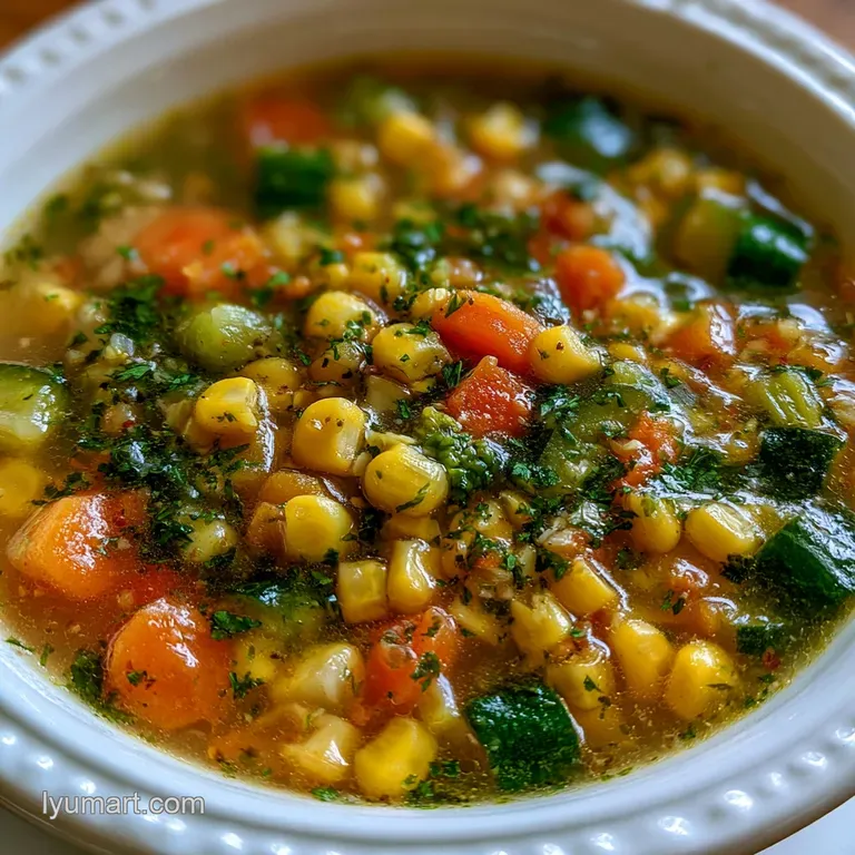 Elegant white bowl of colorful summer vegetable soup garnished with fresh herbs and a drizzle of golden olive oil.