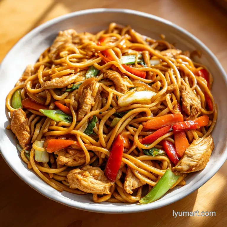 Steaming lo mein piled high in a white bowl, garnished with scallions and sesame seeds, hinting at savory warmth.