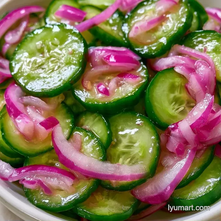 Thin, translucent cucumber rounds arranged neatly on a white ceramic plate with a drizzle of clear brine.