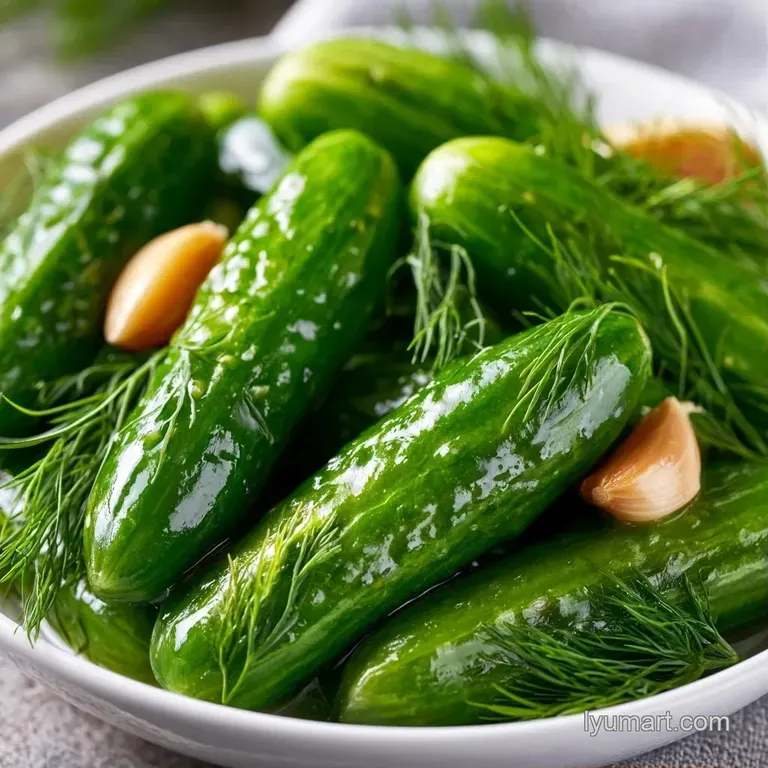 Crisp pickle spears arranged on a white ceramic platter with a sprinkle of cracked black pepper and fresh dill.