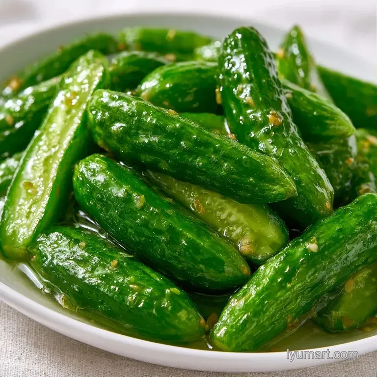 Thinly sliced brined cucumbers artfully arranged on a white ceramic platter with scattered peppercorns and dill