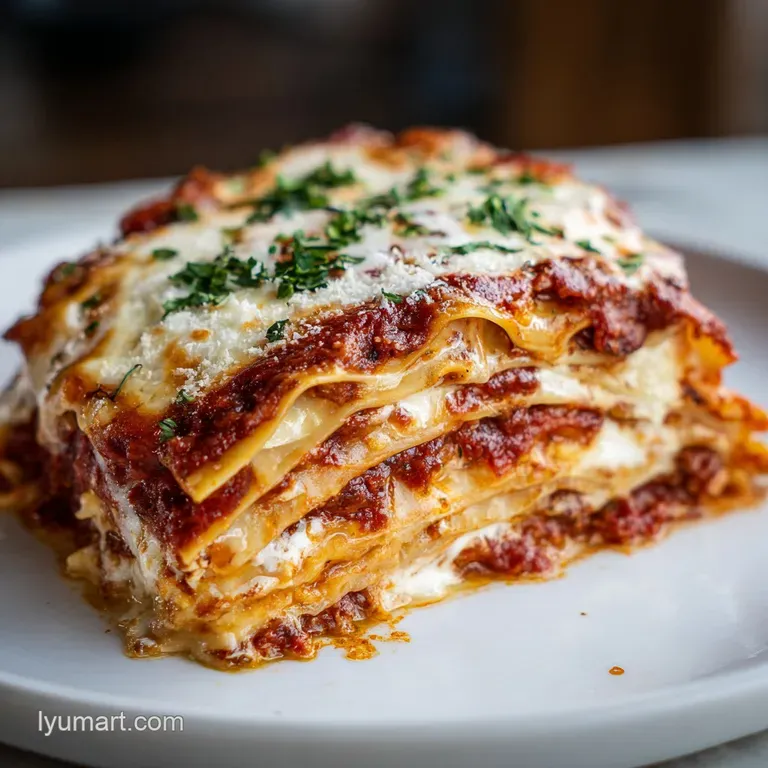 A neat square slice of layered pasta on a white plate, showing creamy white sauce and rich red meat, topped with basil.